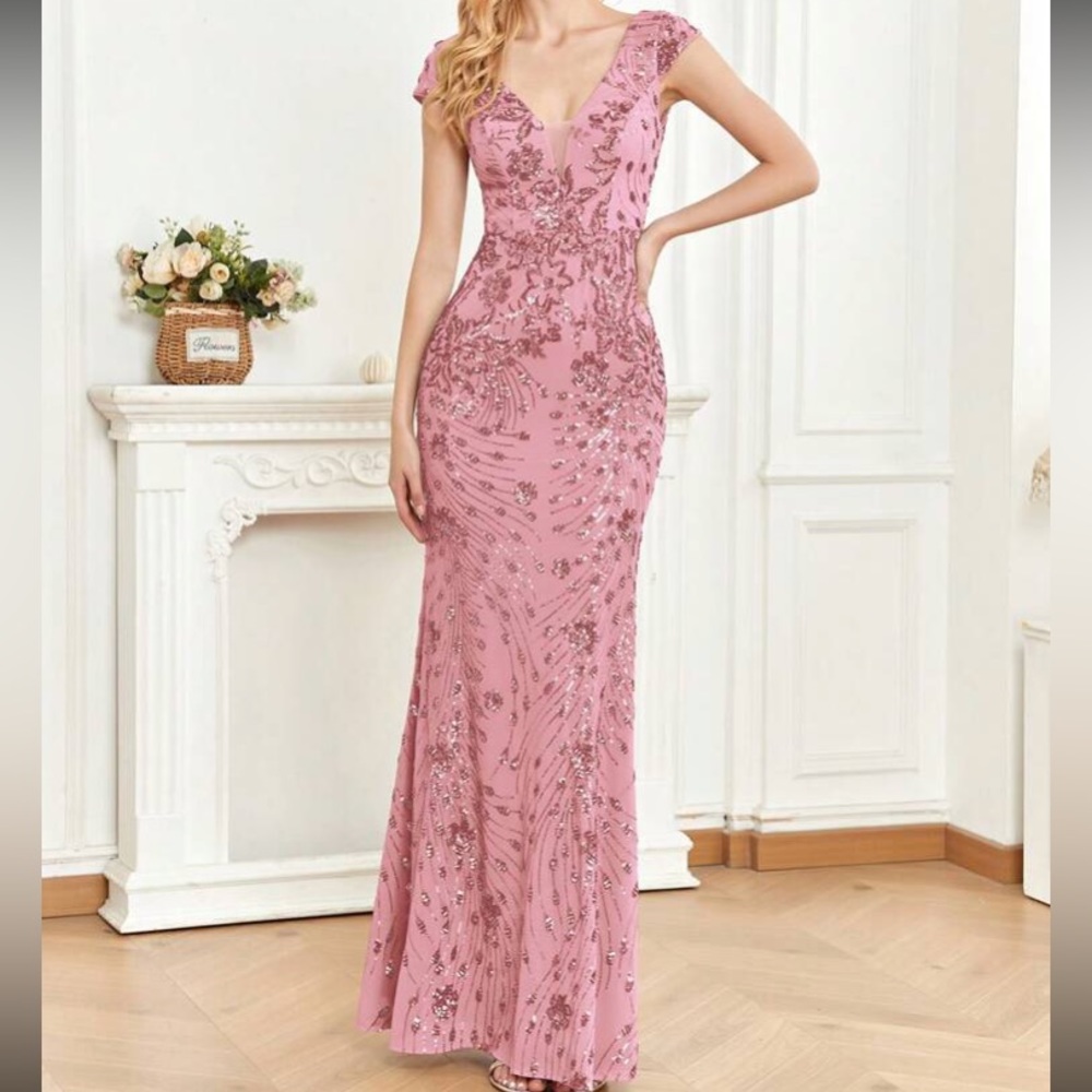 Luxe V neck sequin formal evening party dress - Picture 5 of 7